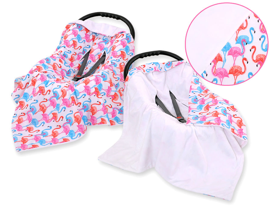 Big double-sided car seat blanket for babies - flamingo