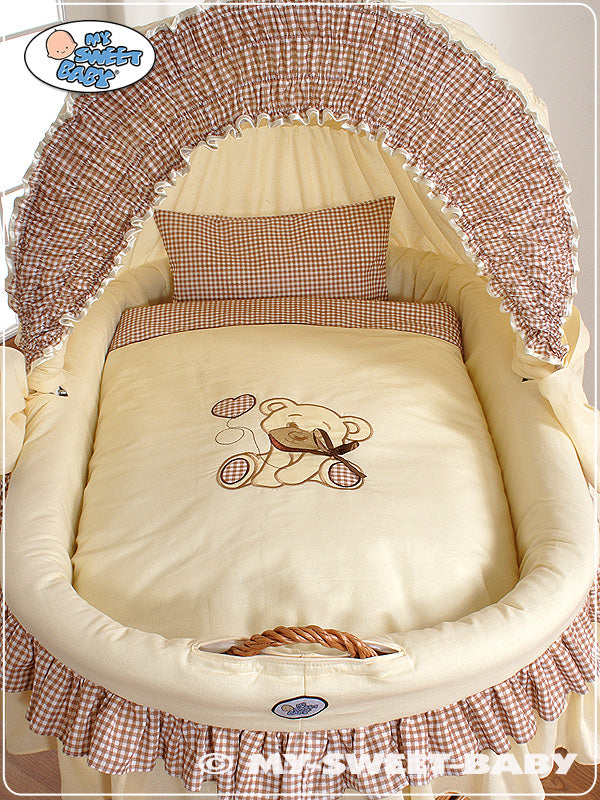 Moses Basket/Wicker crib with hood- Teddy Bear with Bow brown