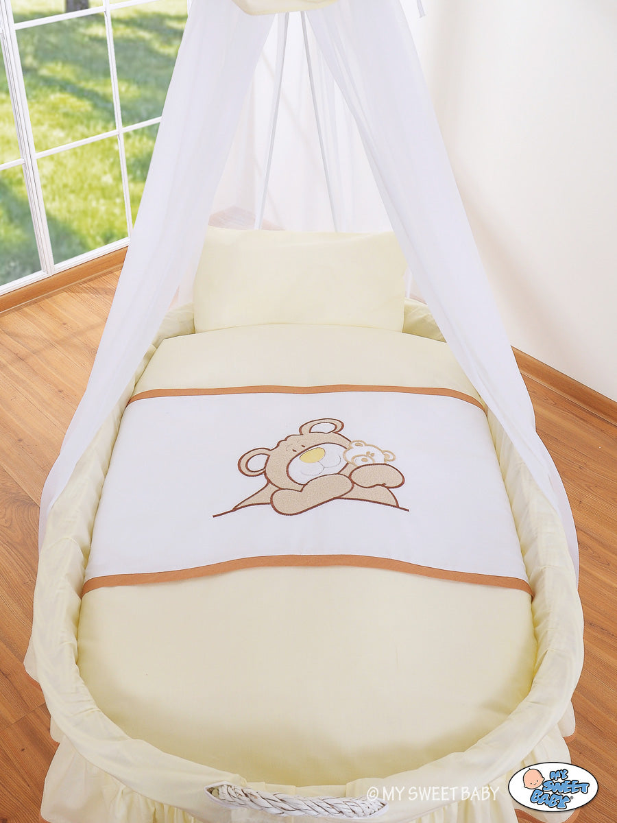 Moses Basket Wicker drape crib Barnaba Bear - white +cream bedding