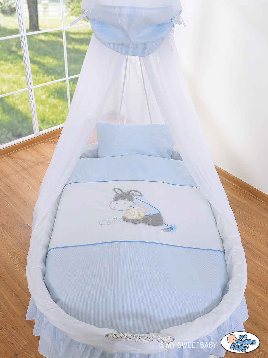 Moses Basket Wicker drape crib Donkey Luca - white + blue bedding