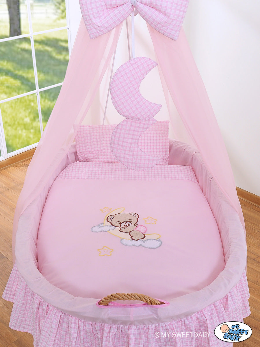 Moses Basket Wicker drape crib Good night - natural + pink bedding