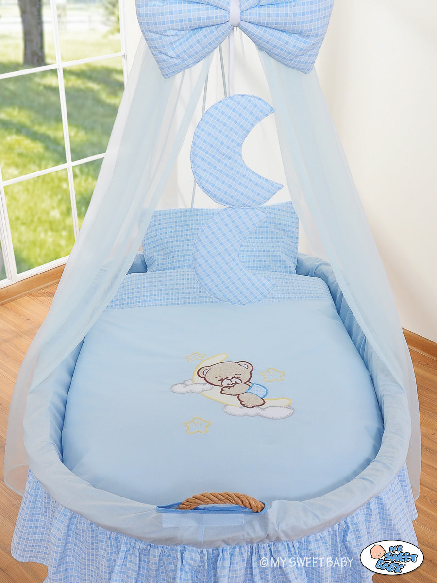 Moses Basket Wicker drape crib Good night - natural + blue bedding
