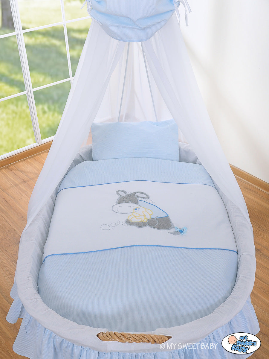 Moses Basket Wicker drape crib Donkey Luca - natural + blue bedding