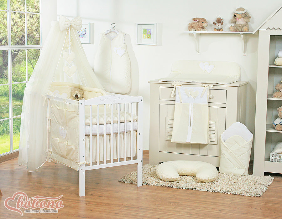 Large mosquito net for baby's bed made of chiffon with hanging hearts and a bow - cream