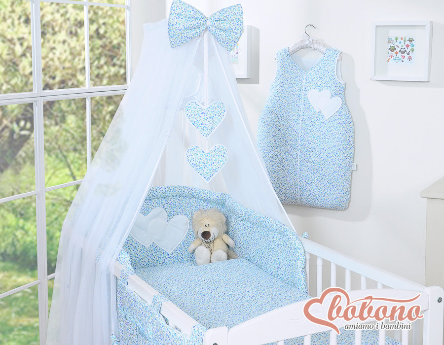 Large mosquito net for baby's bed made of white chiffon with hanging hearts and a bow - blue flowers
