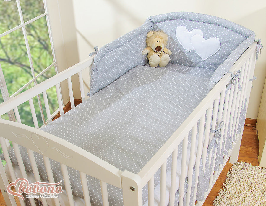 Bedding set 3-pcs 120x90 - Hanging Hearts white polka dots on grey