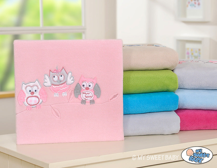 Polar fleece blanket for babies - Owls Bigi Zibi & Adele- bright pink