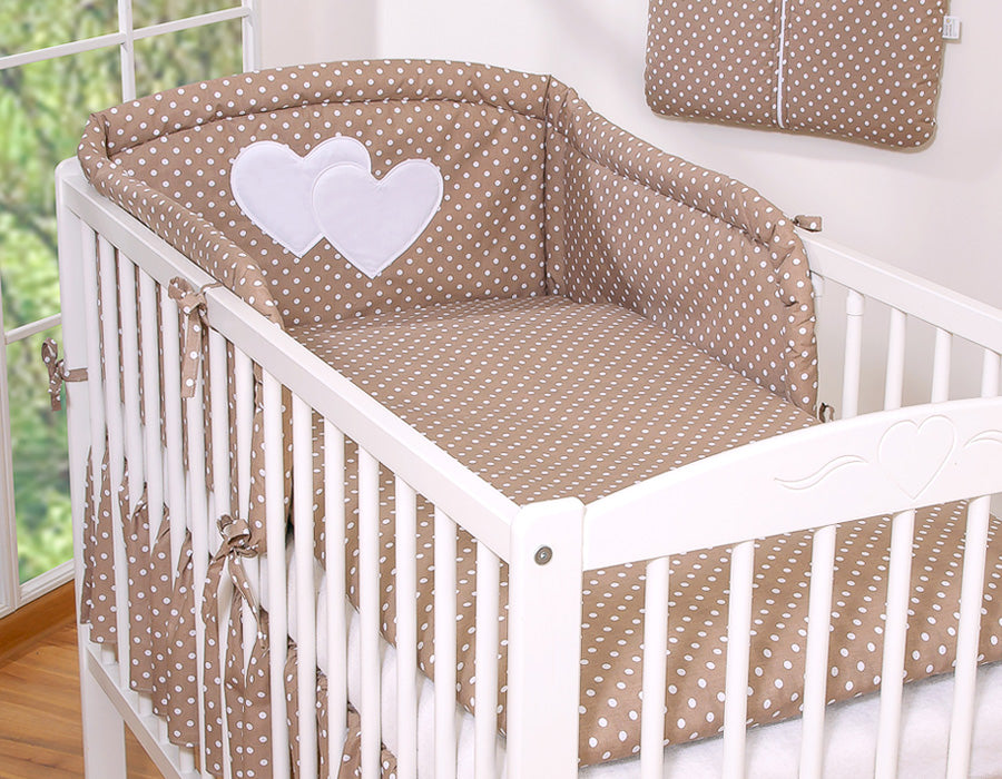 Universal crib rail bumper – Hearts white dots on brown