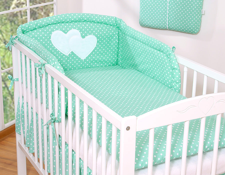 Universal crib rail bumper – Hearts white dots on mint