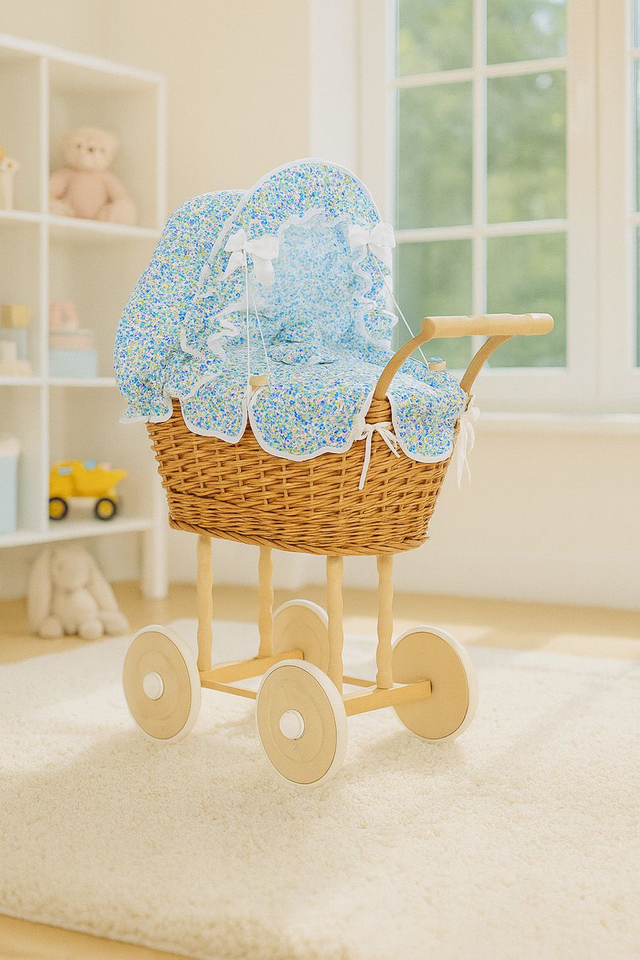 Wicker dolls' pram with blue bedding and padding NATALIA natural