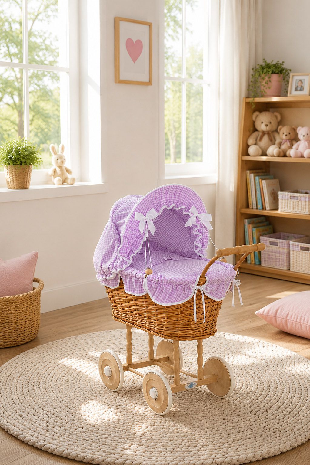 Wicker dolls' pram with lila bedding and padding NATALIA natural