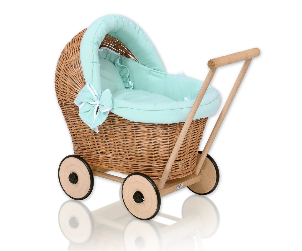 Wicker doll pushchair with mint bedding and soft padding STELLA - natural