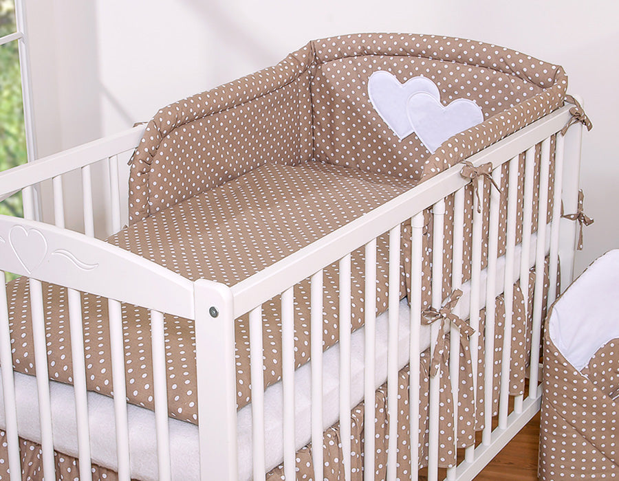 Universal crib rail bumper – Hearts white dots on brown