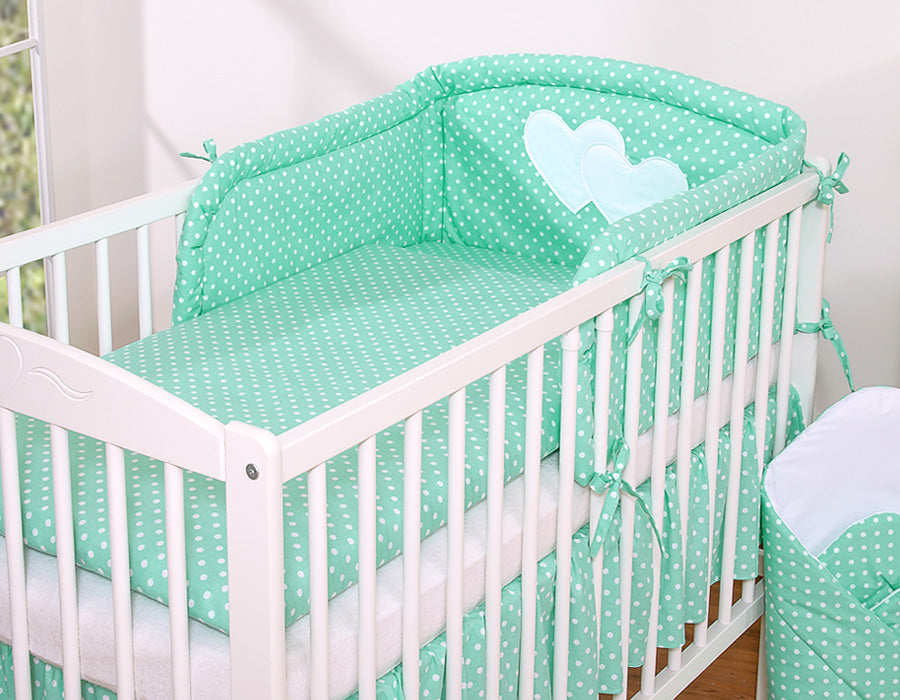 Universal crib rail bumper – Hearts white dots on mint
