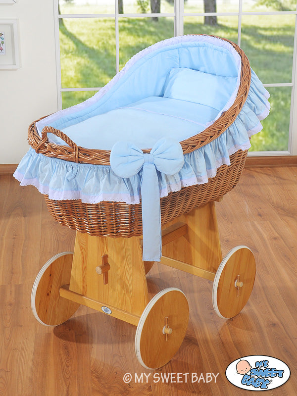Moses Basket Wicker hood crib Carina - natural + blue bedding