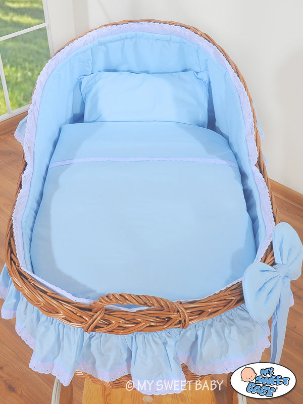 Moses Basket Wicker hood crib Carina - natural + blue bedding