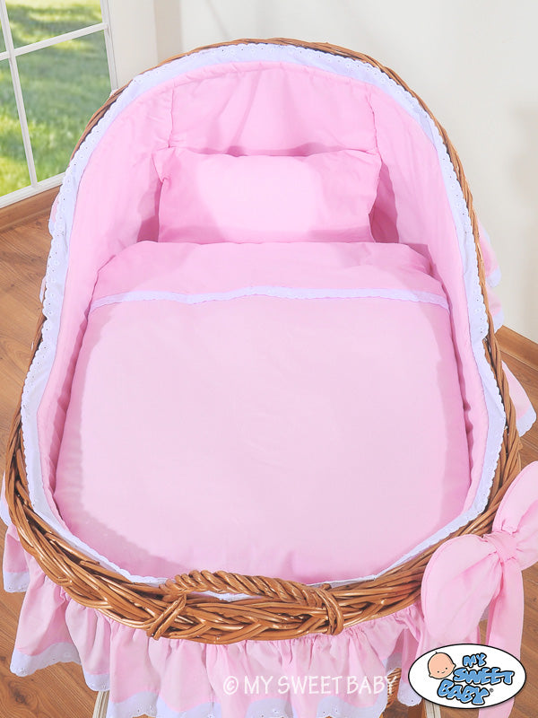 Moses Basket Wicker hood crib Carina - natural + pink bedding