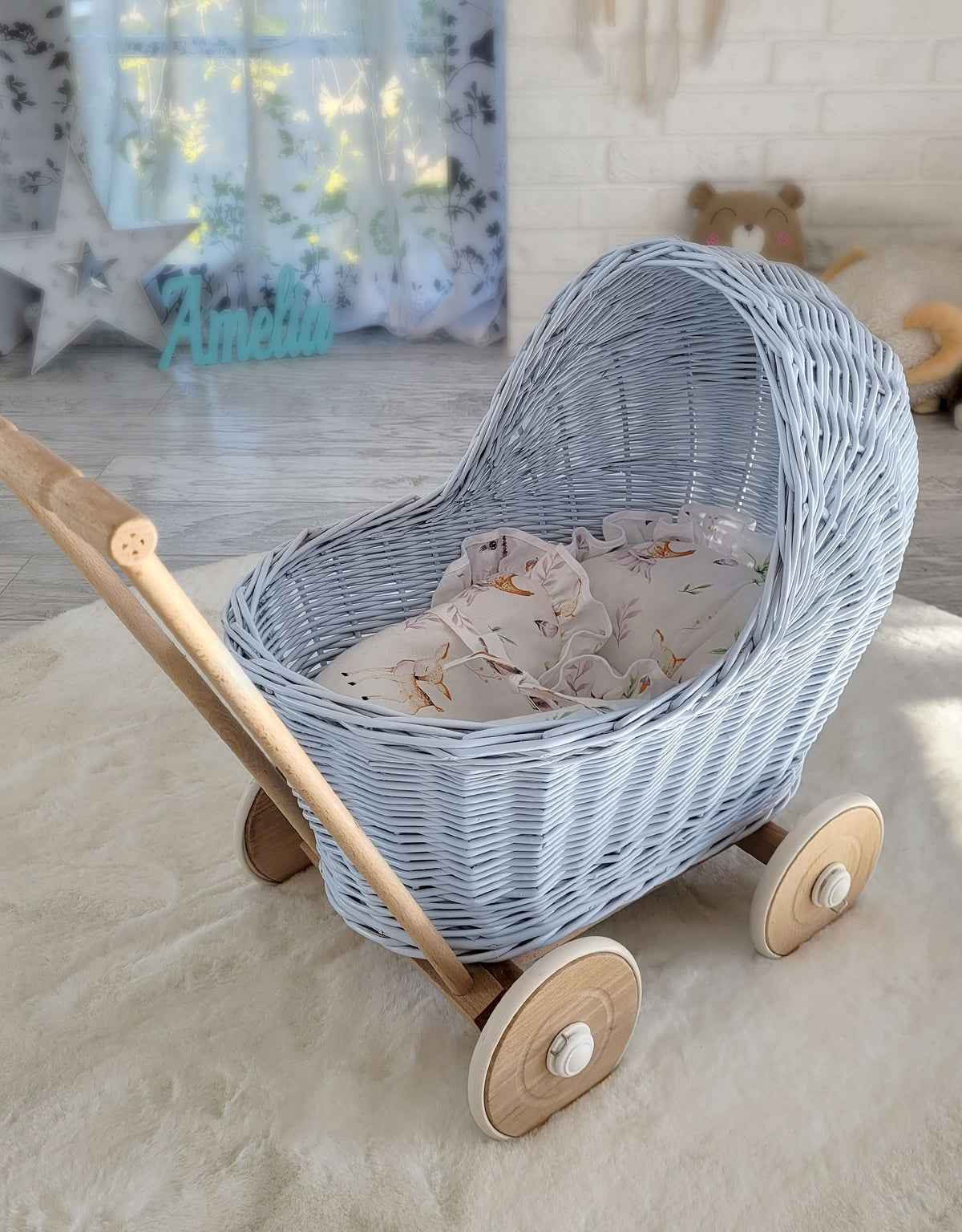Wicker doll pushchair - blue