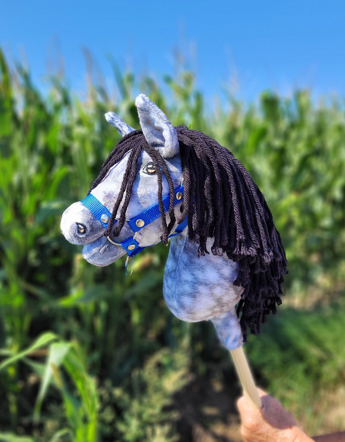 Horse on a stick Super Hobby Horse Premium - dapple grey horse with a black mane A4