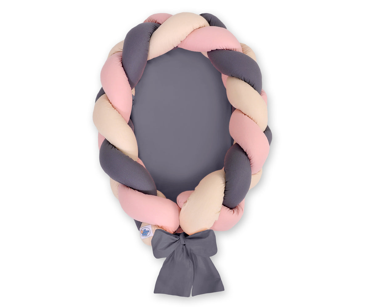 Braided baby nest 2 in 1 - beige-pastel pink-anthracite
