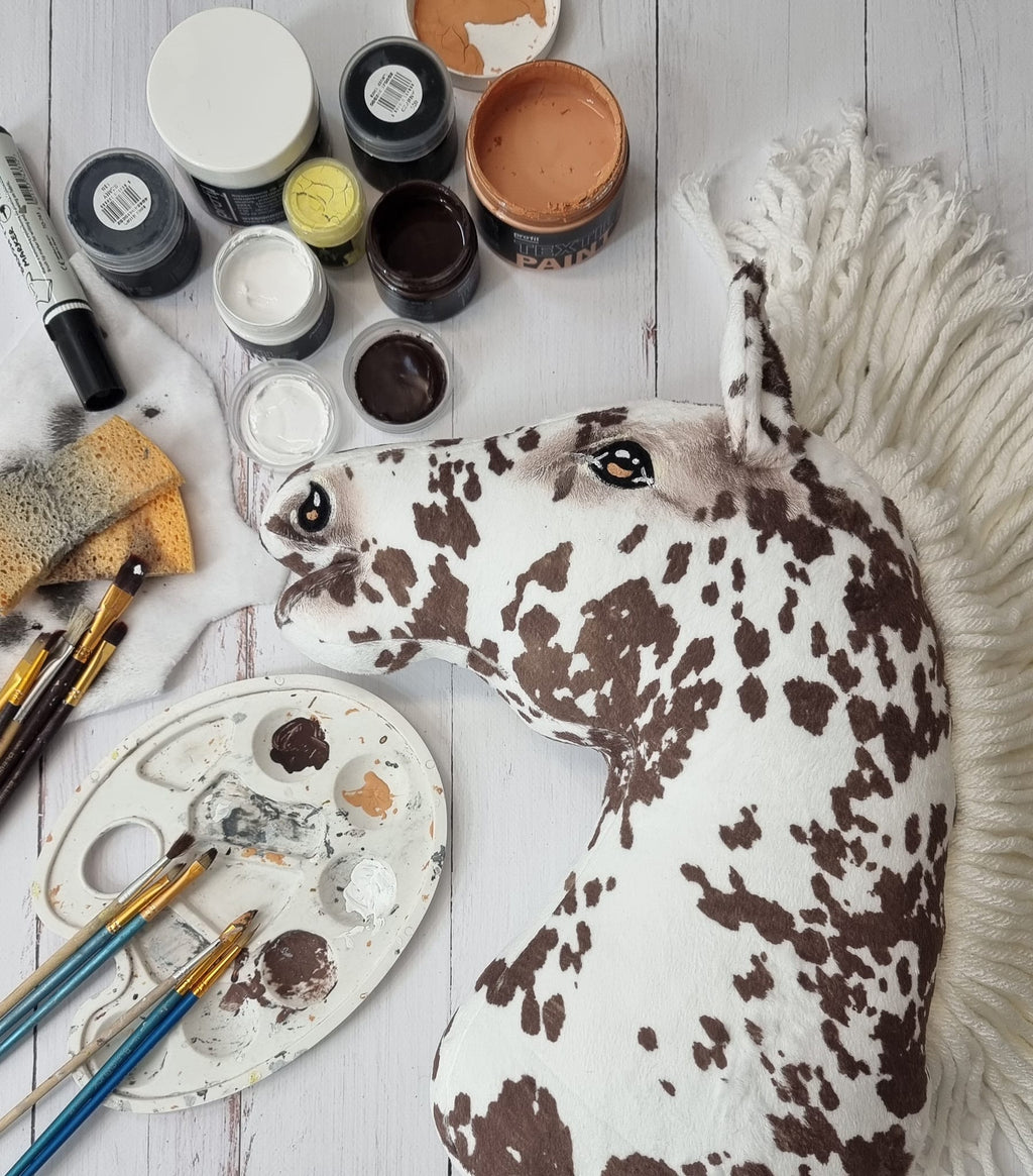 Horse on a stick Super Hobby Horse Premium - brown leopard horse with a white mane A3