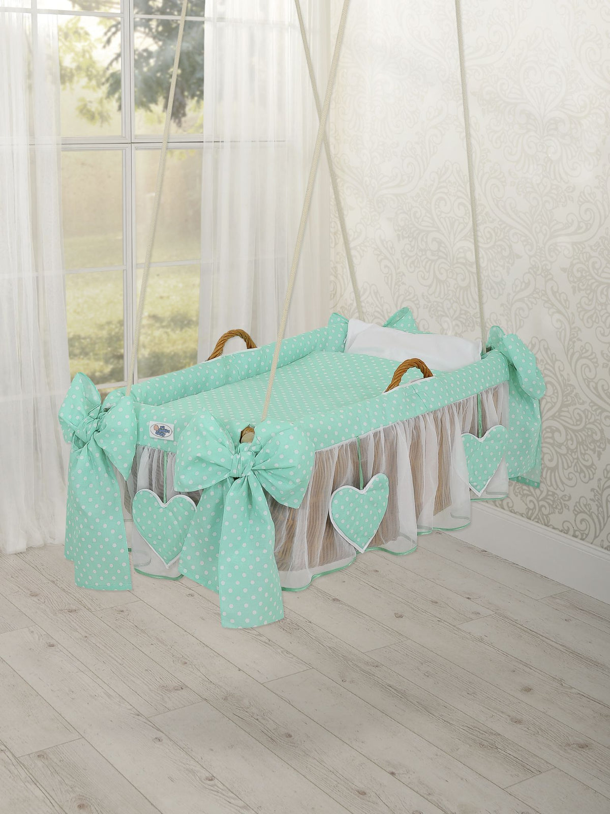 Moses Basket Hanging crib - Mint green dots