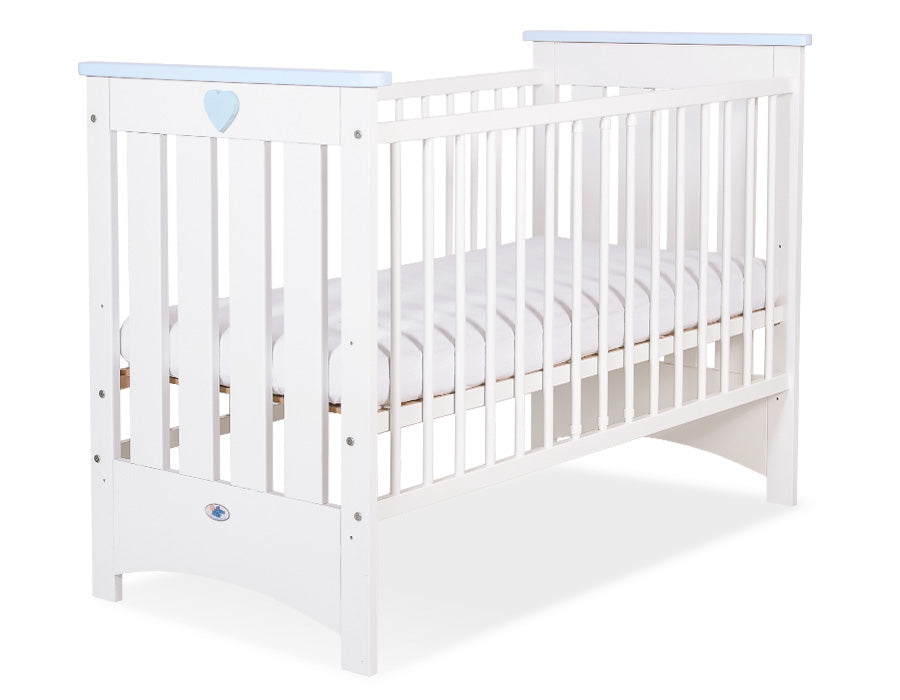 Wooden baby cot120x60cm Lorenzo III white-blue, with teething rail