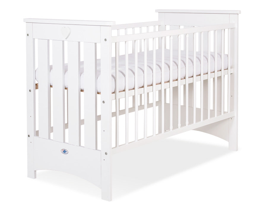 Wooden baby cot 120x60cm Lorenzo III white, with teething rail