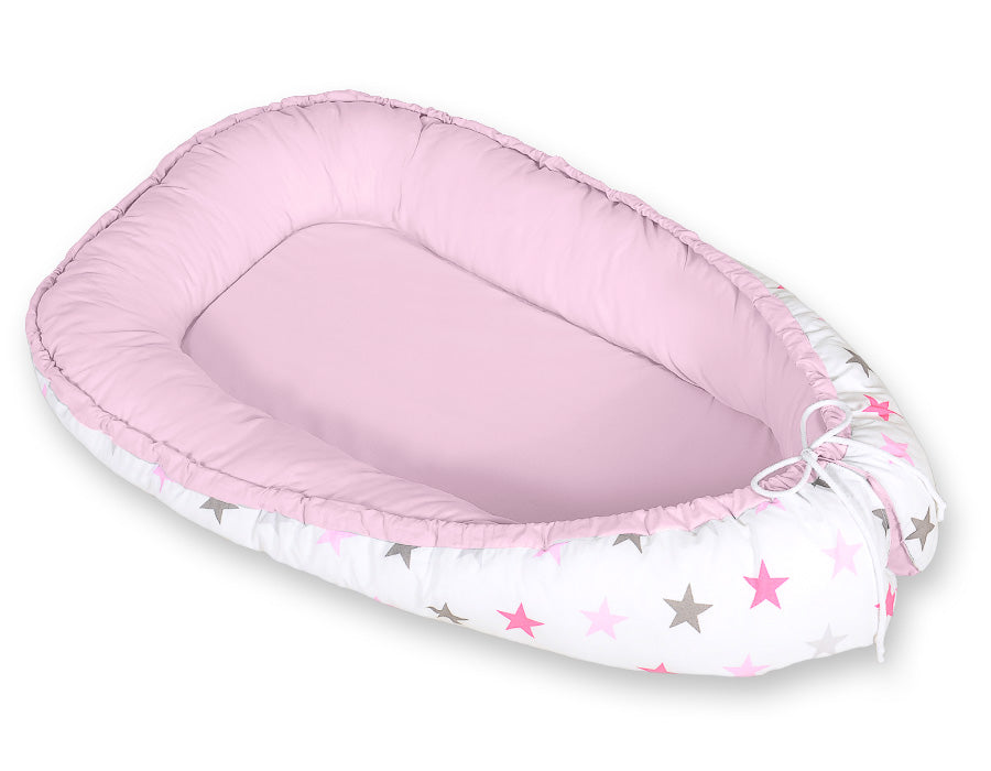 Baby nest double-sided Premium Cocoon for infants BOBONO- gray-pink stars/ gray