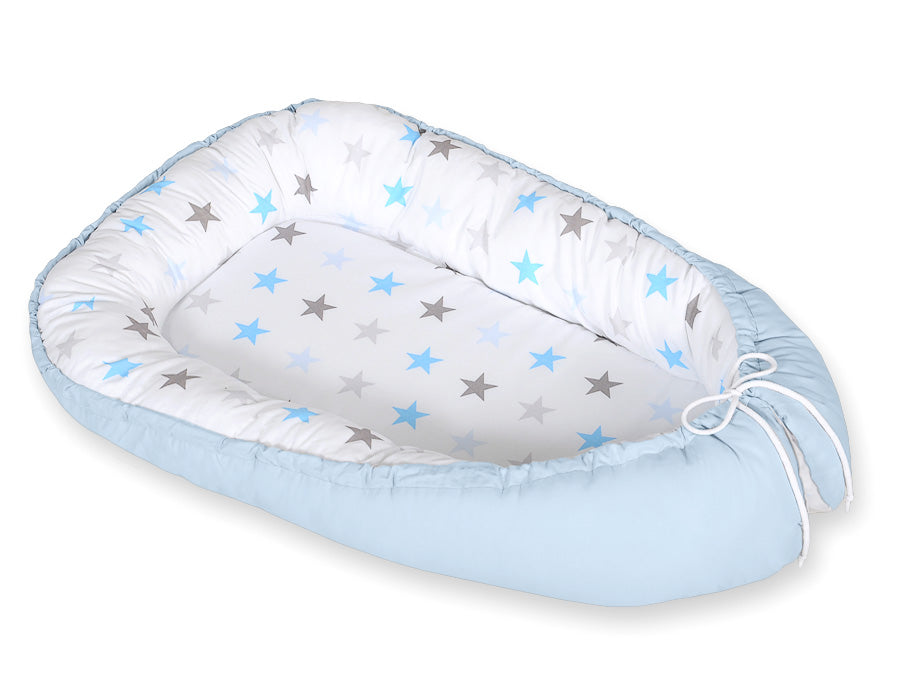 Baby nest double-sided Premium Cocoon for infants BOBONO- gray-blue stars/ blue