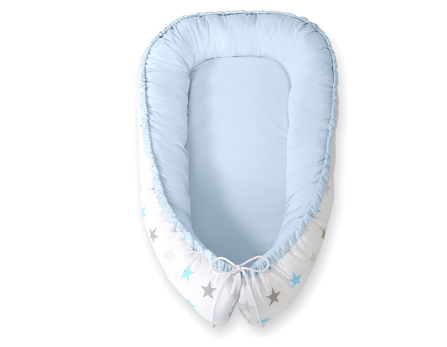 Baby nest double-sided Premium Cocoon for infants BOBONO- gray-blue stars/ blue