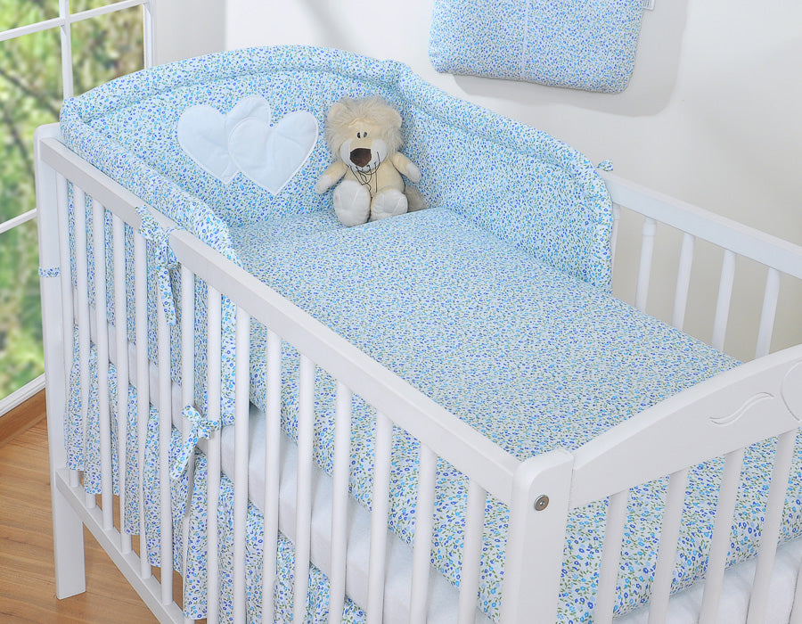 Universal crib rail bumper – Hearts blue flowers