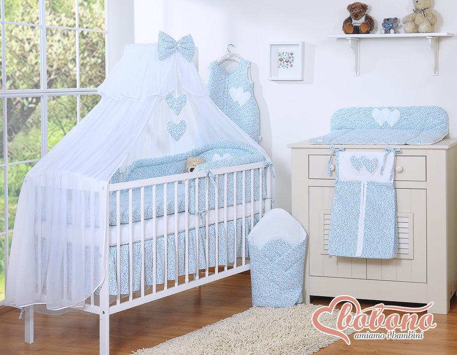 Large mosquito net for baby's bed made of white chiffon with hanging hearts and a bow - blue flowers