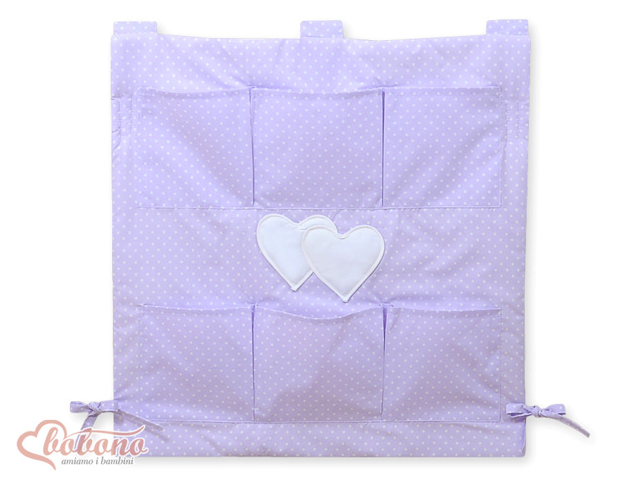 Cot tidy- Hanging Hearts white polka dots on lilac