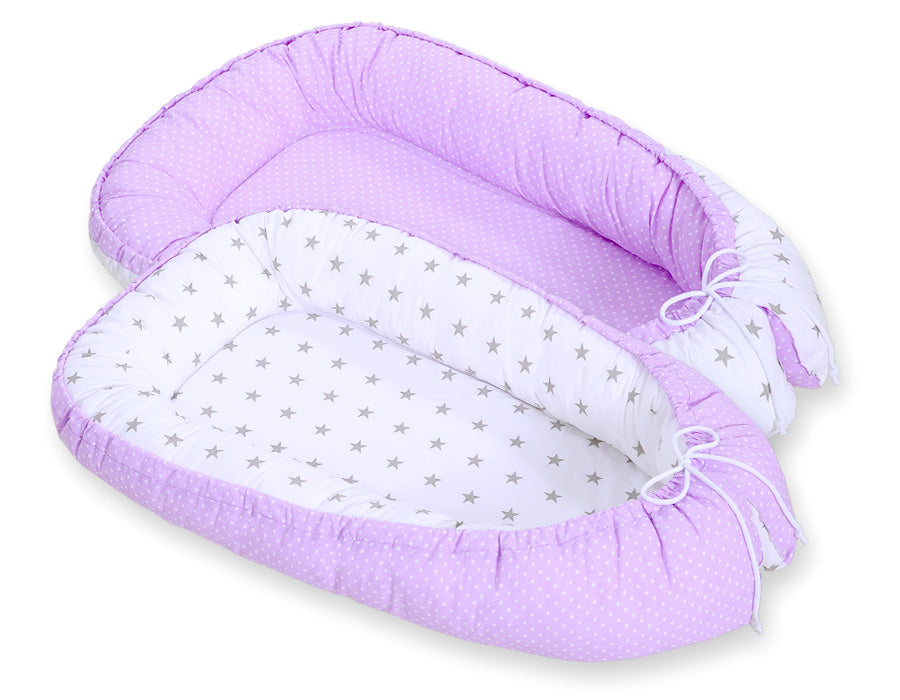 Baby nest double-sided Premium Cocoon for infants BOBONO- white polka dotd on lilac/ grey stars