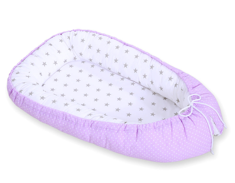 Baby nest double-sided Premium Cocoon for infants BOBONO- white polka dotd on lilac/ grey stars