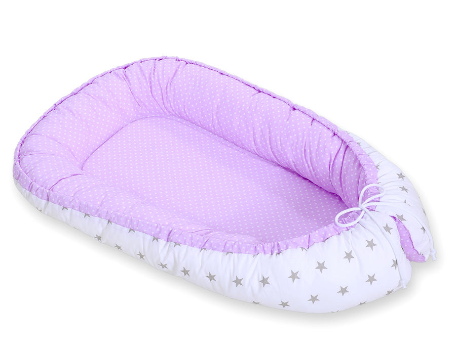 Baby nest double-sided Premium Cocoon for infants BOBONO- white polka dotd on lilac/ grey stars