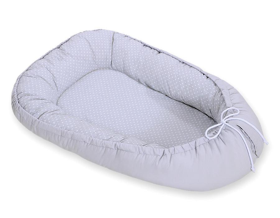 Baby nest double-sided Premium Cocoon for infants BOBONO- white polka dots on grey/grey