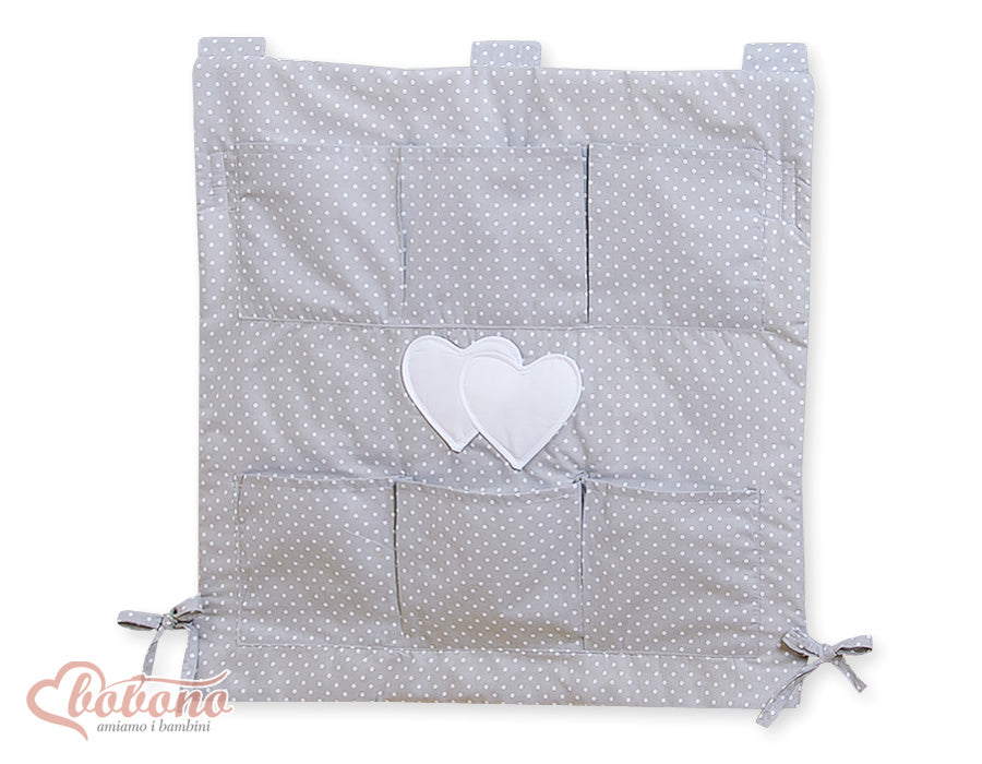 Cot tidy- Hanging Hearts white polka dots on grey