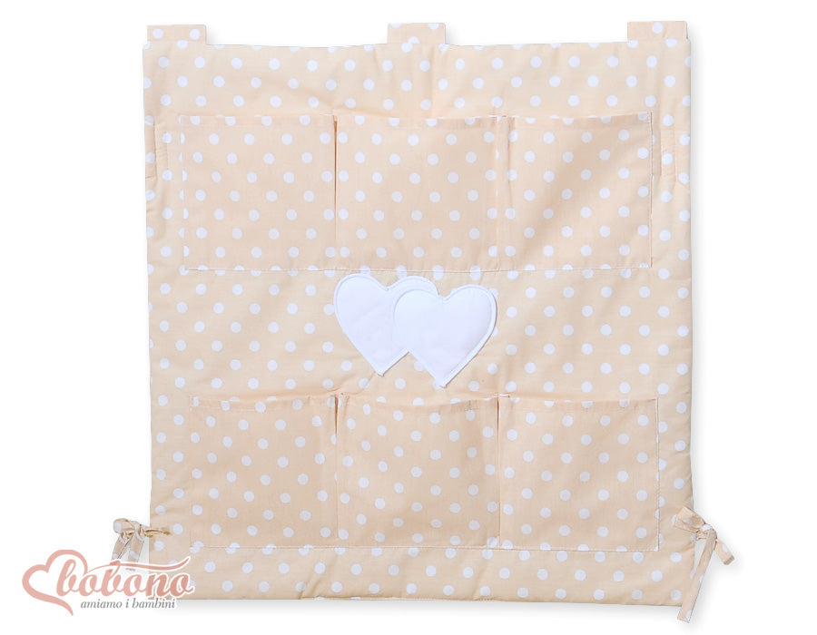 Cot tidy- Hanging Hearts white dots on beige