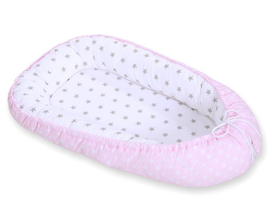 Baby nest double-sided Premium Cocoon for infants BOBONO- dots on pink/ grey stars