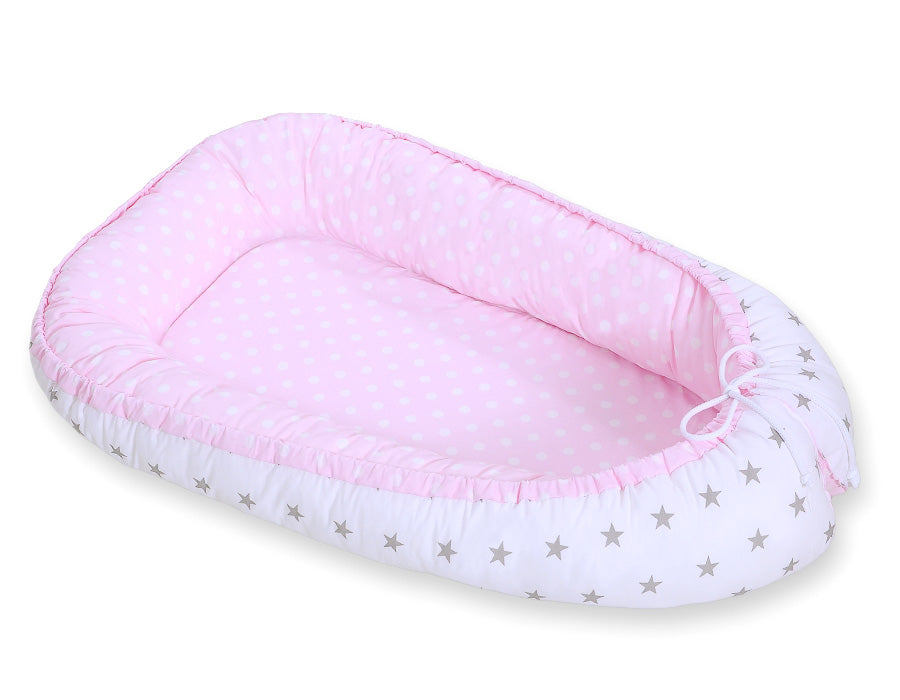 Baby nest double-sided Premium Cocoon for infants BOBONO- dots on pink/ grey stars