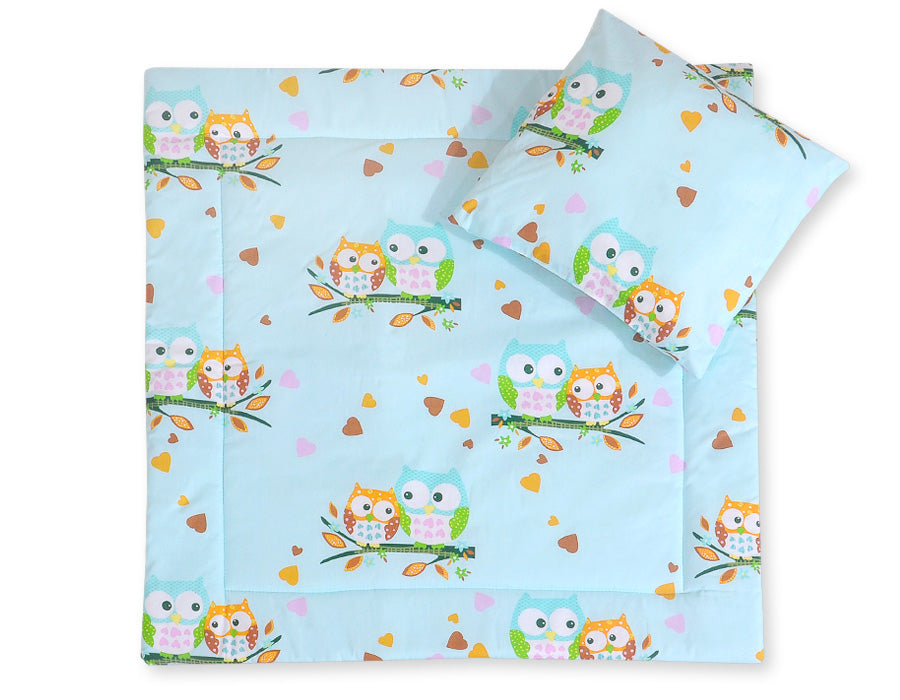Pram bedding set with duvet and pillow 2pcs - Turquoise owls