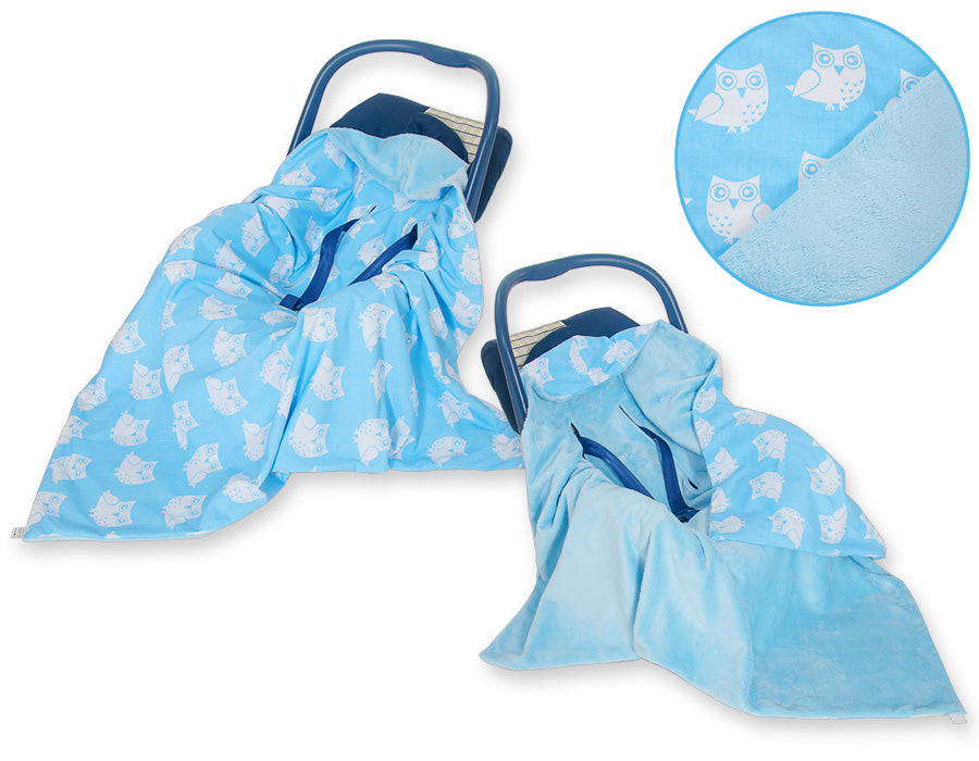 Big double-sided car seat blanket for babies - Owls blue