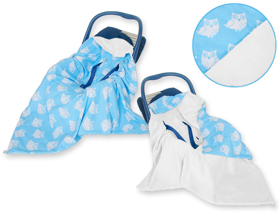 Big double-sided car seat blanket for babies - Owls blue