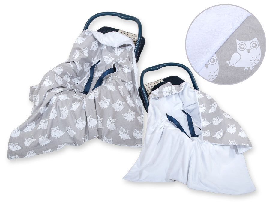 Big double-sided car seat blanket for babies - Owls grey