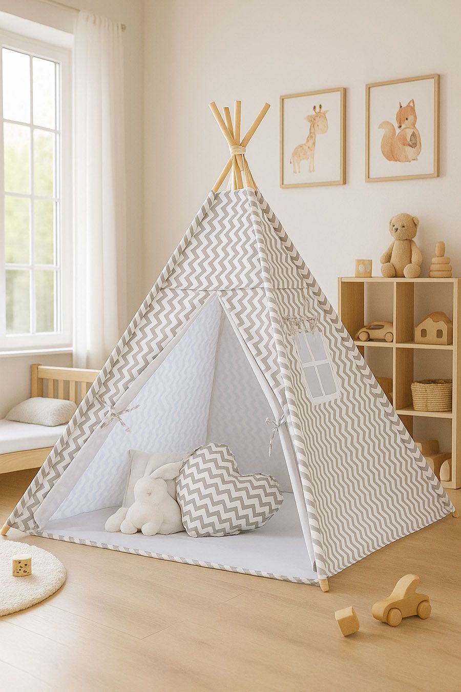 Teepee tent for kids + decorative feathers - Chevron grey