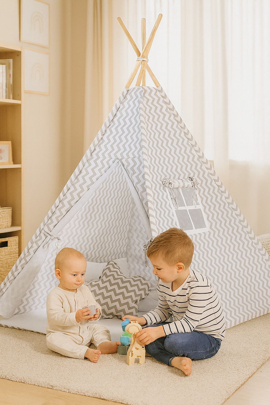 Teepee tent for kids + decorative feathers - Chevron grey