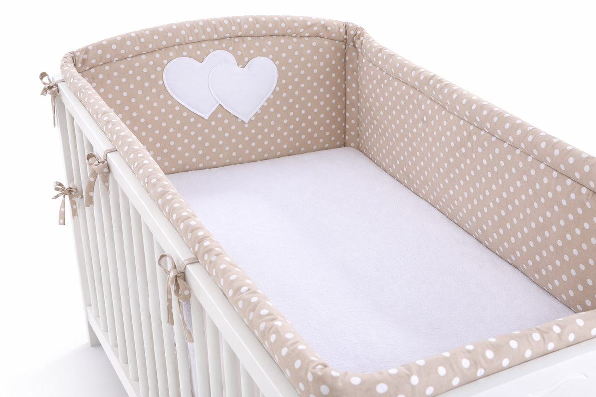 Universal crib rail bumper XXL - Hearts white dots on brown