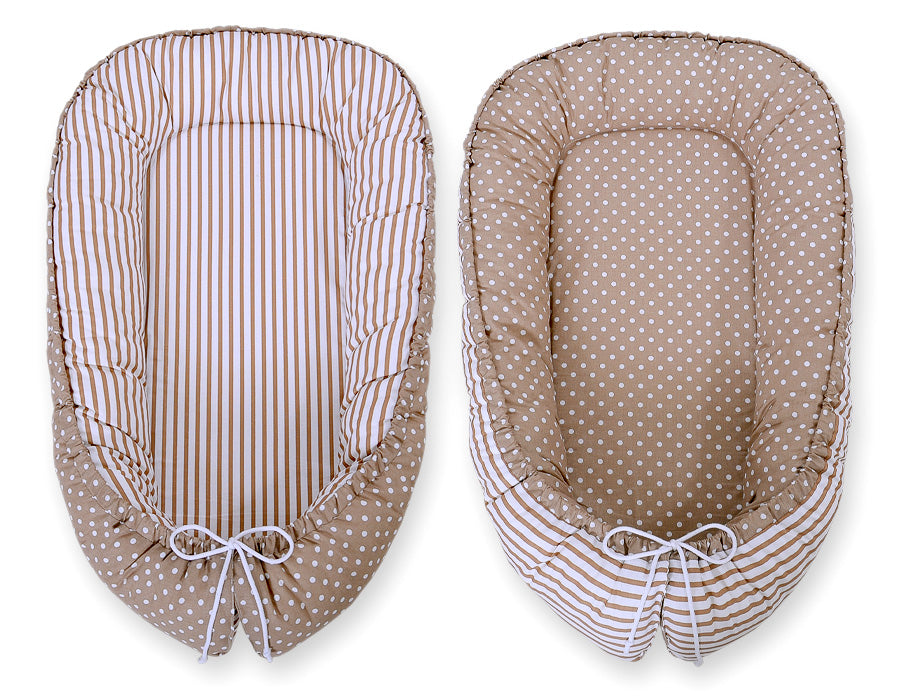 Baby nest double-sided Premium Cocoon for infants BOBONO- dots on brown/ strips